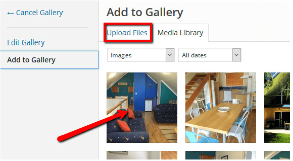 Select from or upload files to the media library within gallery