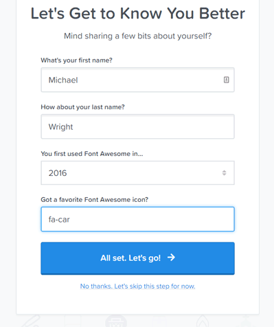 fill out details for Font Awesome account